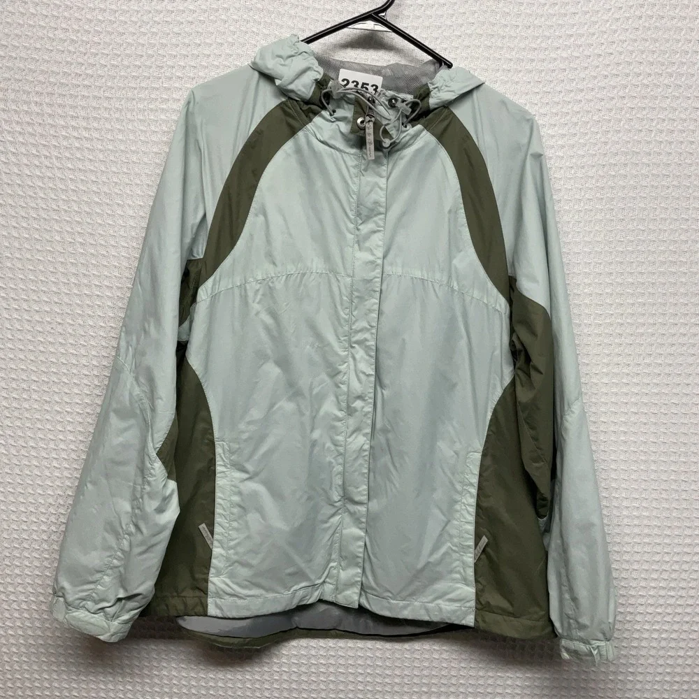 Eddie Bauer Womens‎ XL Lightweight Hooded Rain Jacket Two Tones Green Packable